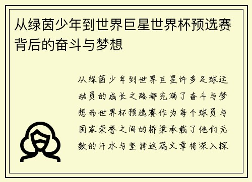从绿茵少年到世界巨星世界杯预选赛背后的奋斗与梦想