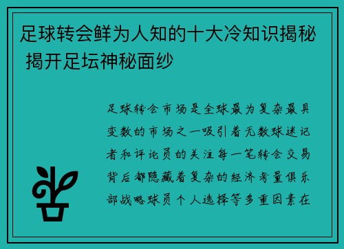 足球转会鲜为人知的十大冷知识揭秘 揭开足坛神秘面纱 足球转会鲜为人知的十大冷知识揭秘 揭开足坛神秘面纱